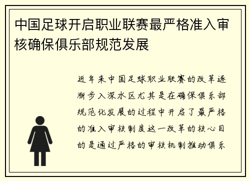 中国足球开启职业联赛最严格准入审核确保俱乐部规范发展