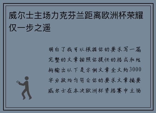 威尔士主场力克芬兰距离欧洲杯荣耀仅一步之遥
